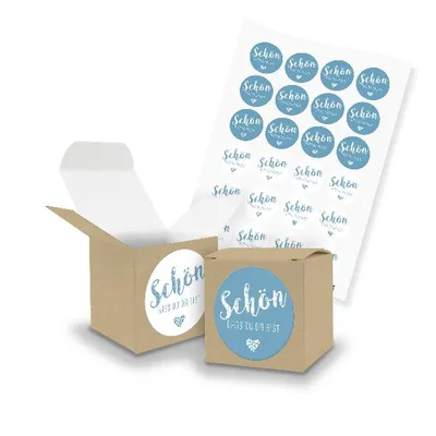 Produktbild von itenga SET "Schön dass du da bist" blau (Motiv 97) 24x Würfel 5cm braun + Sticke