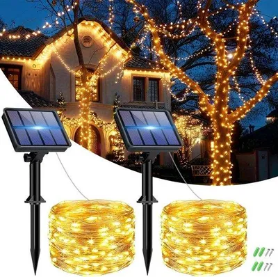 Image de Éclairage solaire 2 x 6 m, 60 LED, couleur cuivre, étanche, pour le jardin