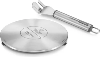 A stainless steel induction adapter plate and a utensil are shown on a white background.