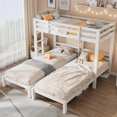 Produktbild von Dreifaches Etagenbett 90x200 cm Weiß aus Kiefer mit Seitenleiter und hohem Geländer für Kinder- und Jugendzimmer