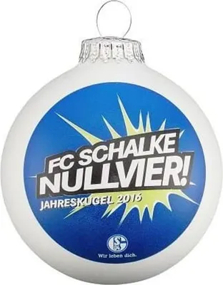 A white Christmas ornament with blue and yellow graphics.