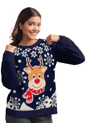 Produktbild von Winterpullover für Damen - Rentier Winter Strick Pullover Sweatshirt Ugly Sweater Blau XL