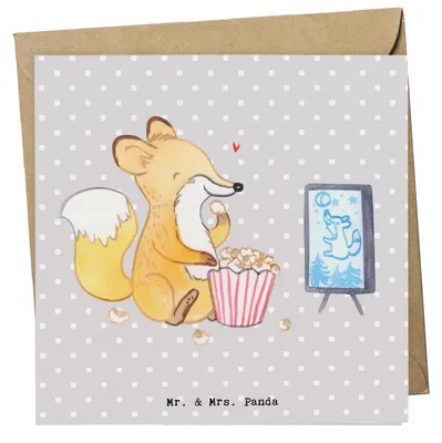 Produktbild von Mr. & Mrs. Panda Grußkarte Fuchs Filme gucken - Grau Pastell - Geschenk, Fernsehen, doppelkarte, anlasskarte, Glückwunschkarte, Filmabend, TV, faltkarte, Klappkarte, Kino