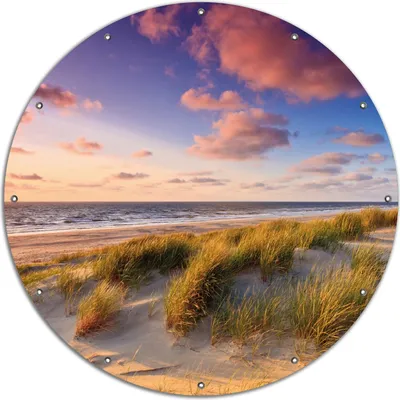 Produktbild von Wallario rundes Outdoor-Poster für Garten oder Balkon, Motiv Abendspaziergang am Strand - Sonnenuntergang über dem Meer, 120 cm Durchmesser