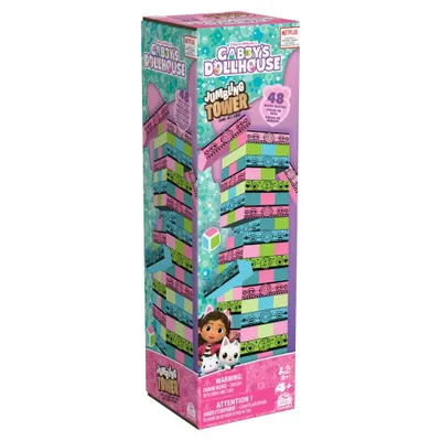 The image shows the packaging of a Jenga-style tower game based on Gabby's Dollhouse.