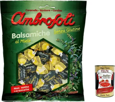 Produktbild von 12x Ambrosoli Caramelle Balsamiche al Miele, Honig-Balsamico-Bonbons sweets 135g + Italian Gourmet polpa 400g