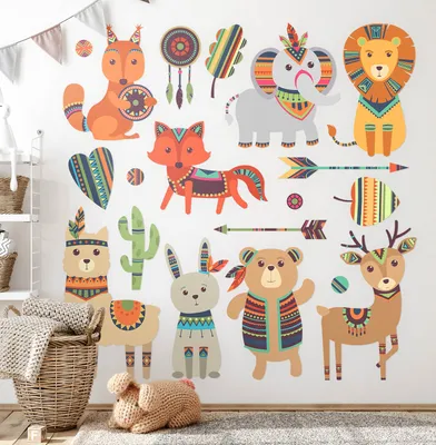 Produktbild von Boho-Tiere – Wandgestaltung – Wandbilder Kinder – Motivtapeten Set – Wanddekor Kinderzimmer – Selbstklebende Wandsticker – 100x121 cm