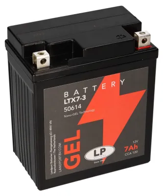 A black battery with a red lightning bolt logo and text labels.