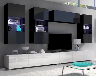 Produktbild von Wohnwand Amanda IV, Stilvoll Anbauwand, Hängeschränke, Schrankwand, Mediawand 300cm Breite (Schwarz + Schwarz Hochglanz / Weiß + Weiß Hochglanz)