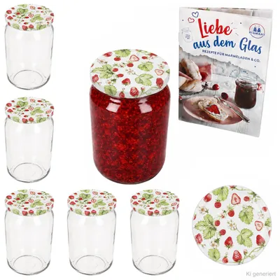 Produktbild von 6er Set Sturzglas 720ml Einmachglas Wald Erdbeere Deckel Rezeptheft