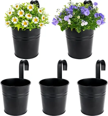 Immagine prodotto di Set di 5 vasi da fiori sospesi, in metallo, stile vintage, da appendere, con gancio, per decorazione, balcone, esterno, parete interna, giardino, muro (Ø 10/8 cm, H 16,5 cm)