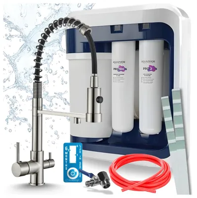 Image de Robinet de cuisine 3 voies Ari, modèle Solid Spring, en acier inoxydable, avec douchette extractible. Livré avec le système de filtration d'eau Aquaphor Ro-202S Pro