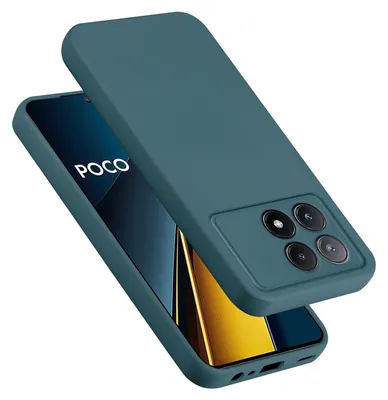 A teal phone case is shown on top of a phone, with the phone's screen displaying the "POCO" logo.