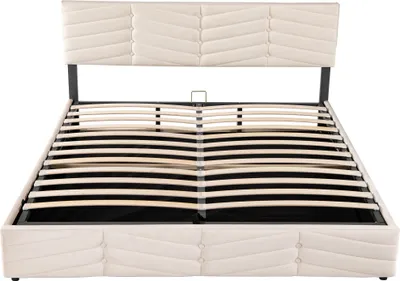 Produktbild von Flieks Polsterbett mit Stauraum, Doppelbett 160x200cm Boxspringbett mit Lattenrost, Stauraumbett Funktionsbett Samt, Beige