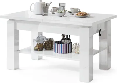 A white high-gloss coffee table with items on it and on a shelf below.