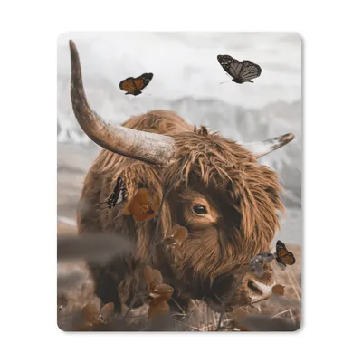 Produktbild von MuchoWow® Mauspad Mousepad Schottische Highlander - Schmetterlinge - Natur 19x23 cm - Mousepads - Maus Mat - Pad - Mausunterlage - Mauspads - Spielen