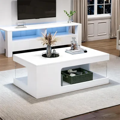 Immagine prodotto di Tavolino conferenza okwish con ripiani in vetro, tavolo con illuminazione LED e spazio contenitivo, tavolino da soggiorno di design, bianco