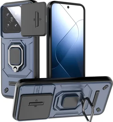 Immagine prodotto di Custodia per Xiaomi 14 a doppio strato con protezione scorrevole per la fotocamera e supporto per l'anello, supporto blu