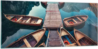 Produktbild von Bilder auf glas - Berge Boot Wasser - 120x50cm - Glasbilder - Wandbilder - Kunstdruck - zum Aufhängen bereit - Wanddekoration aus Glas - Glas Bilder - Wandbild auf Glas - Einteilig - GAB120x50-3971