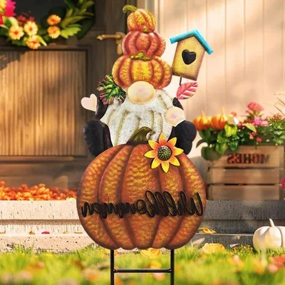 Immagine prodotto di Decorazioni autunnali: statuine da giardino in metallo - per esterni e autunno - gnomo e zucca - terrazza, cortile, prato - 58 cm