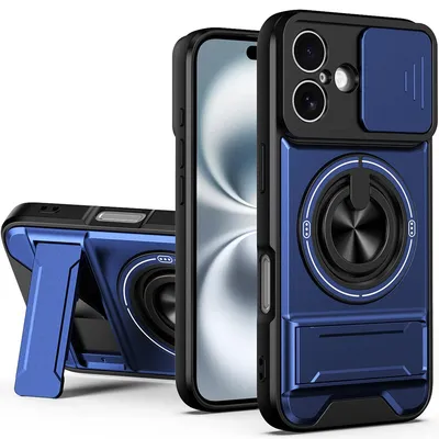 Produktbild von Magnetisch Hülle für iPhone 16 Militär Stoßfest Hülle mit Dia Kameraschutz und Ringhalter Ständer Blau