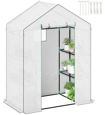Image de Serre de jardin - Serre en film plastique - Bâche en polyéthylène - 3 étagères - 1 porte, 1 fenêtre - 143 x 74 x 190 cm - Vert armée