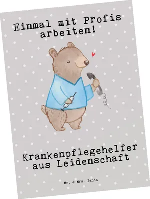 Produktbild von Mr. & Mrs. Panda Postkarte Krankenpflegehelfer Leidenschaft - Grau Pastell - Geschenk, Ansichtskarte, Ausbildung, Ansichtskarten, Pflegehelfer, Lustig, Grußkarte, Beruf
