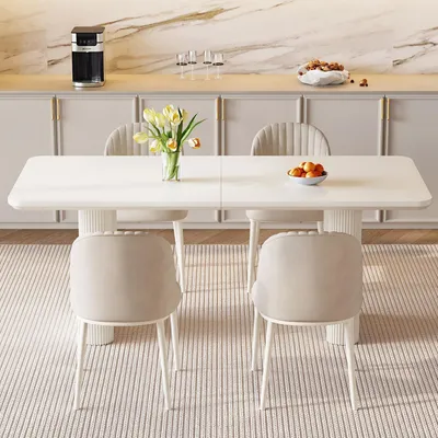 Immagine prodotto di Tavolo da pranzo con 4 sedie imbottite, colore bianco, design salvaspazio e minimalista