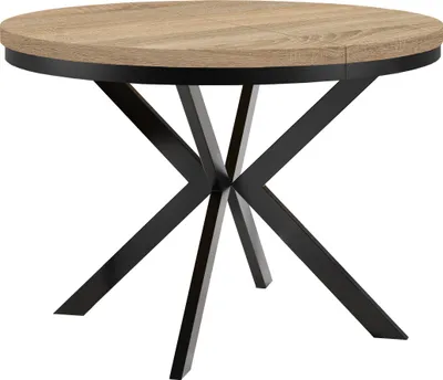 Image de Table ronde à rallonges pour la salle à manger ENDIK avec piétement à anneaux et pieds en métal, diamètre : 90 / 140 cm, couleur : chêne Sonoma / noir
