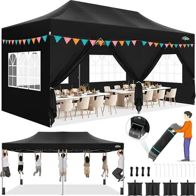 Produktbild von HOTEELPavillon 3x6m Faltpavillon 3x6m Wasserdicht Stabil, Pavillion Klappbar UV-Schutz mit 6 Seitenwänden, Schwarz
