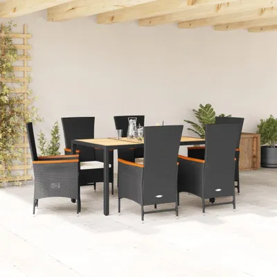 Produktbild von Design 7-tlg. Garten-Essgruppe mit Kissen Schwarz Poly Rattan, Gartenmöbel-Sets 2024 Neu