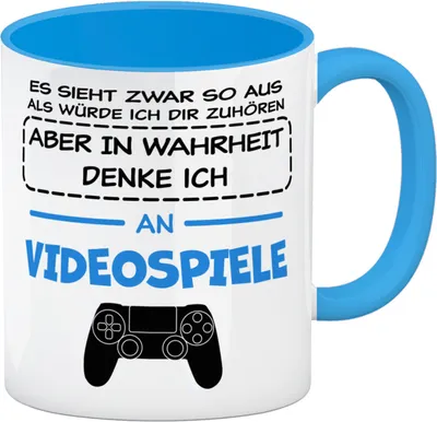 Produktbild von In Wahrheit denke ich an Videospiele Kaffeebecher Hellblau