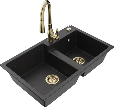 Produktbild von Mexen Tomas 2-Becken-Granitspüle mit Mischbatterie Savita, Schwarz/Silbermetallic - 6516-73-672601-50