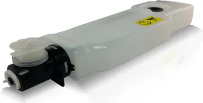 A product shot of a toner waste container on a reflective white surface.