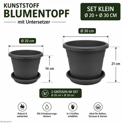 Produktbild von Kunststoff Blumentopf mit Untersetzer – Größe Ø 20 und 30cm - Farbe Anthrazit