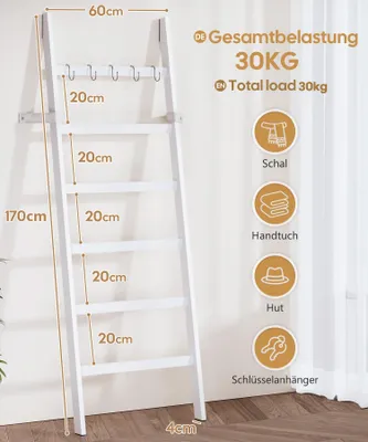 Produktbild von Handtuchleiter 170 x 60 cm, 6 Sprossen, 5 Haken, Bambus, weiß, für Badezimmer