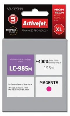 Zdjęcie produktu dla Activejet Tusz AB-985MN (zamiennik Brother LC985M; Supreme; 19,5 ml; czerwony), Wysoka (XL) wydajność, Purpurowy, Atrament barwnikowy, 19,5 ml, 1 szt., Jednopak