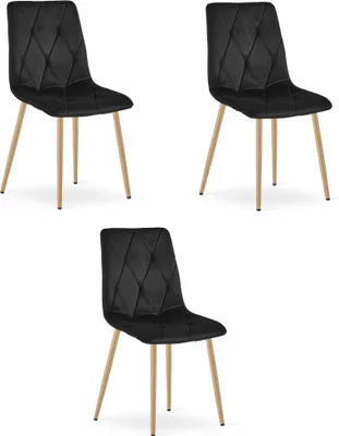 Image de Chaise Valora LIBRA en velours noir avec pieds en bois, lot de 3 | Lot de 3 chaises noires avec base en bois élégante