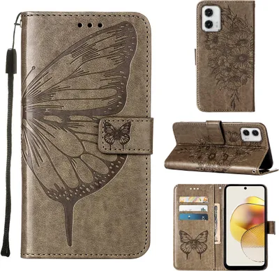 Produktbild von Lederhülle für Motorola Moto G73 Schmetterling Prägung Flip Ledertasche Kartenfächer Handyhülle mit Ständer Grau