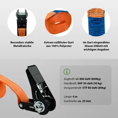 Produktbild von Ratschen Spanngurt Spanngurte Orange 1-tlg 4m 0,8t 800kg Schwarzes Schloss