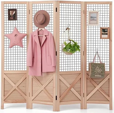 Imagen del producto de Pantalla divisoria interior, separador de ambientes de 4 paneles con estructura de madera maciza y celosía metálica decorativa, plegable. Separador de ambientes de estilo natural