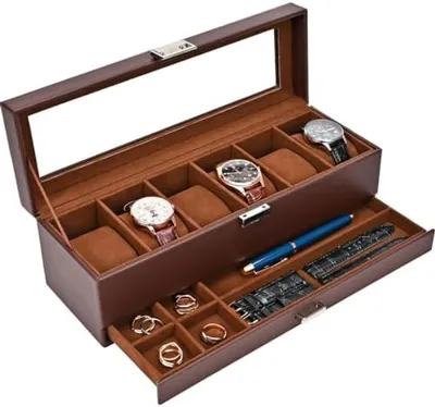 Productafbeelding van PromoHome® horlogebox met glazen deksel - 6 vakken en een opbergla