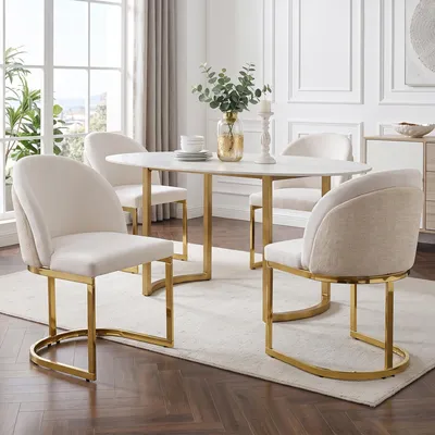Immagine prodotto di Set di 4 sedie da pranzo, design con schienale doppio, gambe dorate, sedia per la cucina, tessuto in chenille, color beige