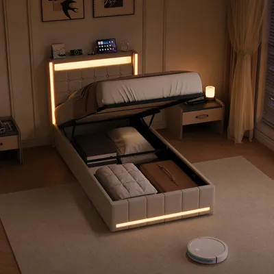 Produktbild von SUNFECILI Polsterbett 90x200 cm,Boxspringbett 90x200,mit Lattenrost,Weicher Rückenlehne,USB,LED,Einzelbett,Jugendbett, Samt Stoff,Beige