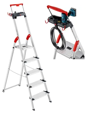 Produktbild von L84 ComfortLine Alu-Sicherheits-Stehleiter - 5 XXL-Stufen belastbar bis 150 kg - Tiefe Standfläche & Haltegriff - Stehleiter mit Ablage - Aluleiter  Germany - Leiter rostfrei - Silber