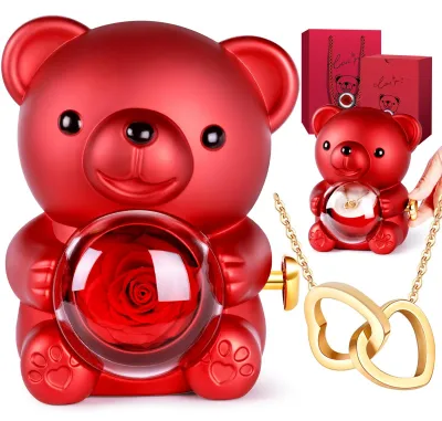 Teddybär mit ewiger Rose & Kette, 16 cm, rot, Geschenkbox