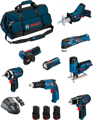 Image de BOSCH Kit BMKB8-28AD3 (GSR12V-15+GTB12V-11+GDR12V-105+GWS12V-76+GST12V-70+GOP12V-28+GSA12V-14+GLI12V-80+3x2,0Ah+GAL1230CV+HDBAG)