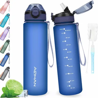 Produktbild von AOHAN Trinkflasche 1L mit auslaufsicherem Klappdeckel und Stroh, BPA-frei, Dunkelblau