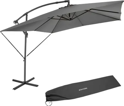 A gray cantilever umbrella and its cover are displayed against a white background.