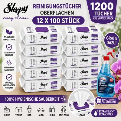 Produktbild von Sleepy Easy Clean Oberflächenreinigungstücher – 12x100 Orchidee + Glasreiniger GRATIS